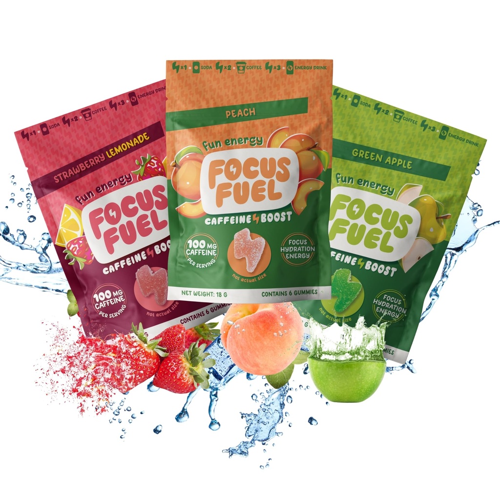 FocusFuel Energy Chews – Trial Size Variety Sample Pack (9 Serve) – 100mg Caffeina + Alpha GPC + L-teanina + B12, Magnesio – Peach, Green Apple, Strawberry Lemonade Flavors – Nessun Crash o Jitters