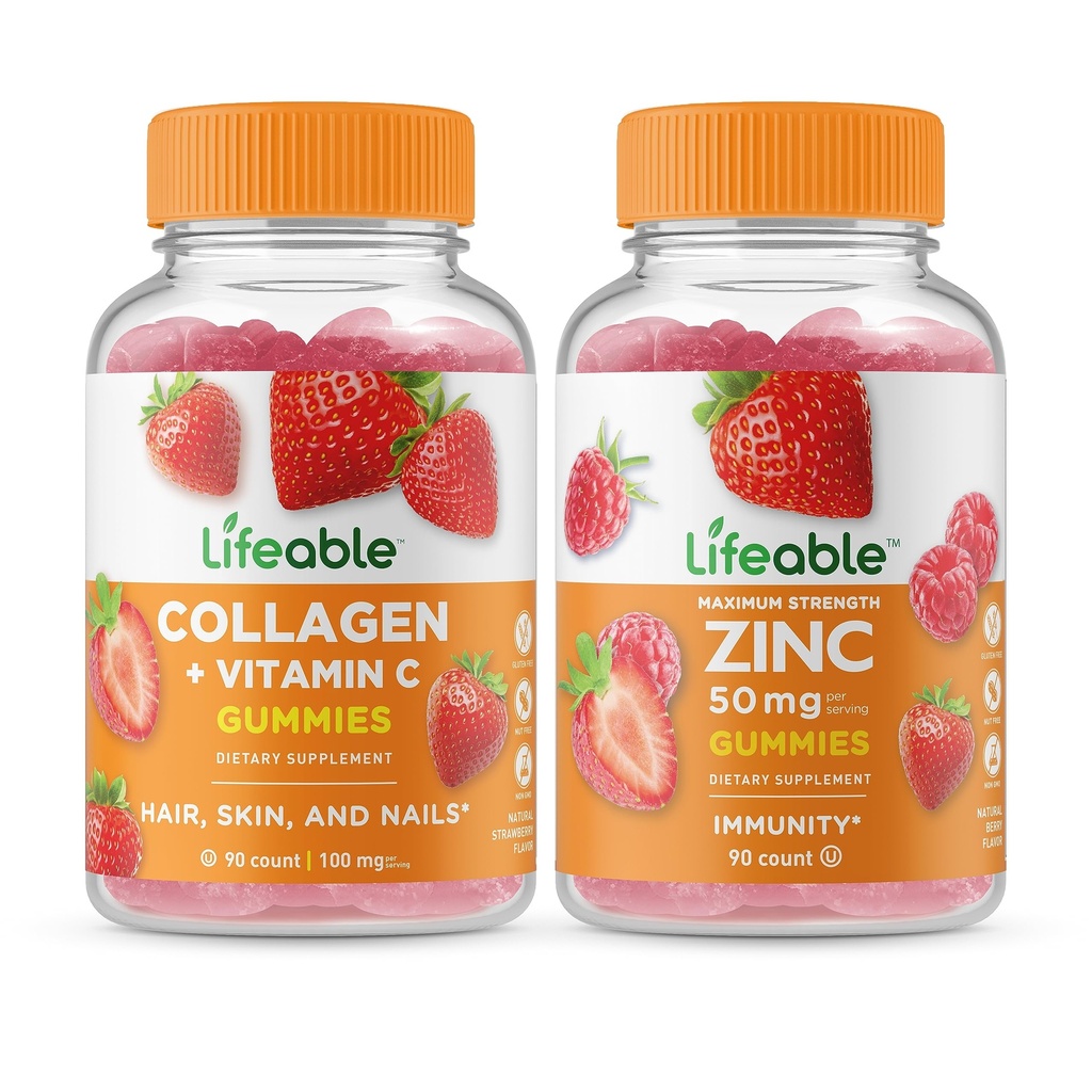 Collage vitale & vitamina C + Zinc 50mg, Gummies Bundle - Grande degustazione, Integratore di vitamina, Senza glutine, OGM libero, Gomma masticabile