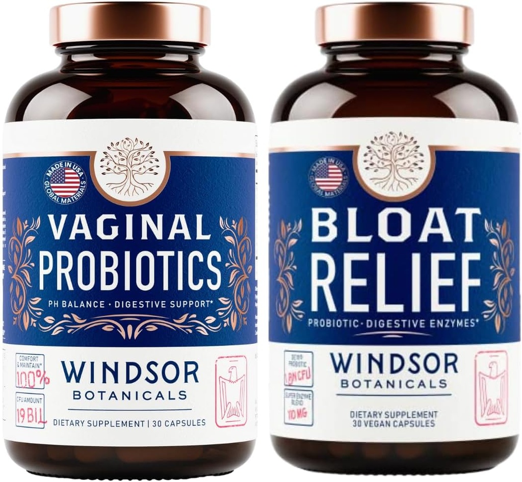 WINDSOR BOTANICALS Bloat Relief Probiotic con enzimi e probiotici vaginali - Bundle di salute digestivo e vaginale