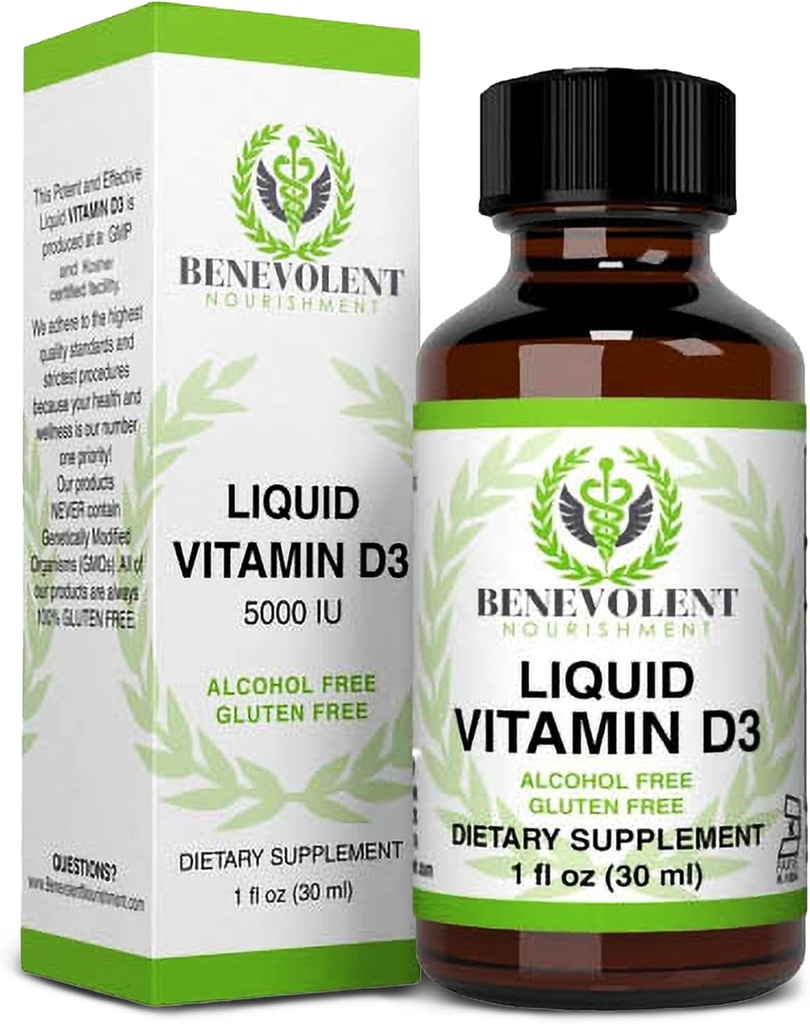 Vitamina D3 Benevolente Gocce 5000 IU - Potente & Efficace 1000 IU per Goccia - Supplemento dietetico Liquido Assorbente Veloce - 100% Alcol & Gluten Free