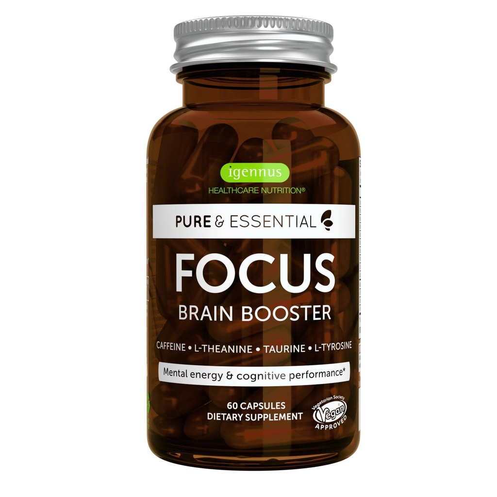 Igennus Focus - Nootropic con 200 mg di caffeina naturale, vitamine B etilate, L-teanina, Taurina, L-tirosina, Energia pulita, Booster del cervello e prestazioni cognitive, Non Jittery, 60 capsule