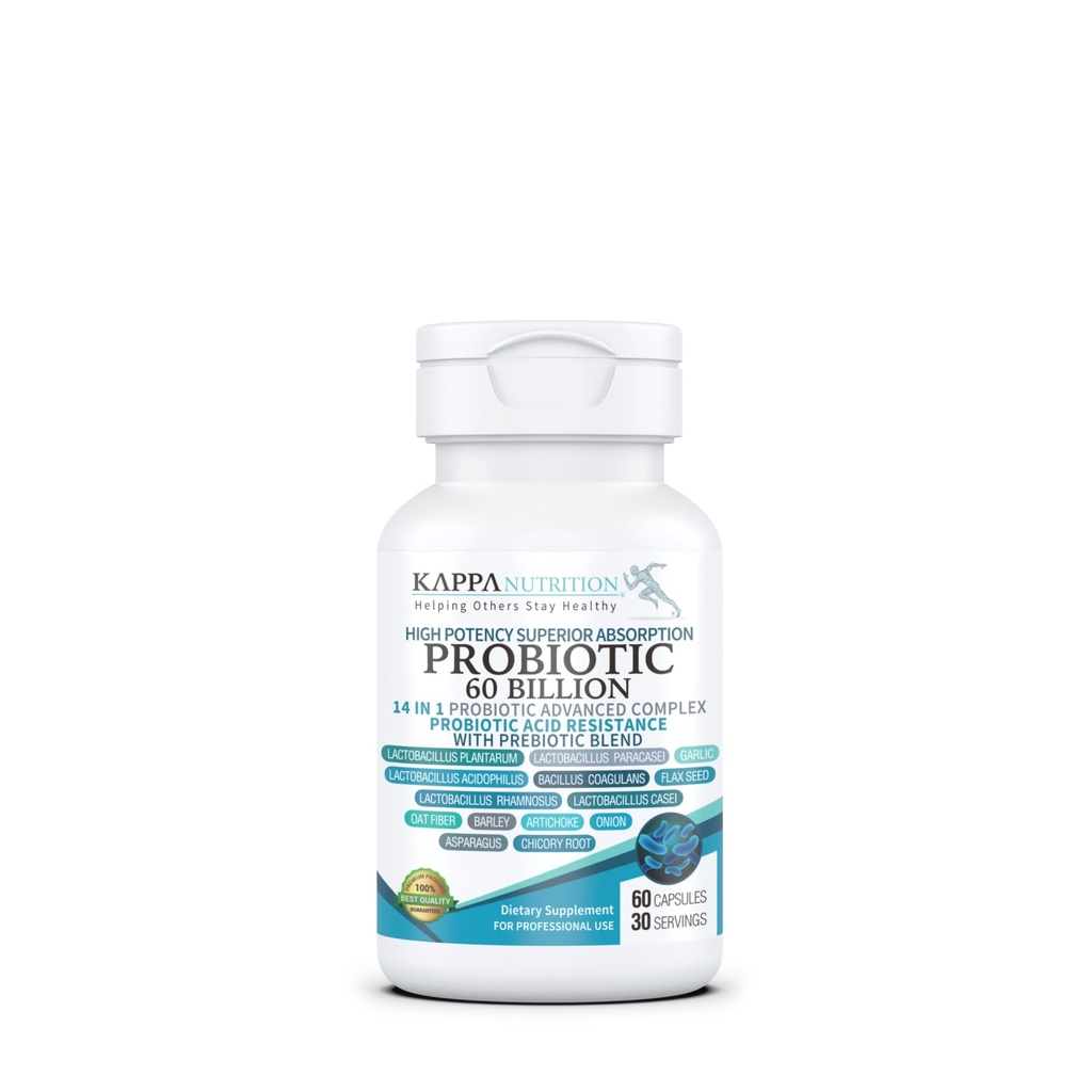 KAPPA NUTRITION Probiotico 60 miliardi di CFU 14 in 1 Formula con Prebiotici & Acidophilus per le donne, Uomini & Adulti, Scaffale stabile, Acid Resistant, Integratore Naturale 60 capsule.