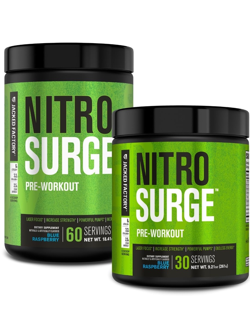 Jacked Factory NITROSURGE Pre Workout Supplement - Energy Booster, Gains Instant Strength, Clear Focus & Intense Pumps - NO Booster & Powerful Preworkout Energy Powder - 90 Servings, Blue Raspberry