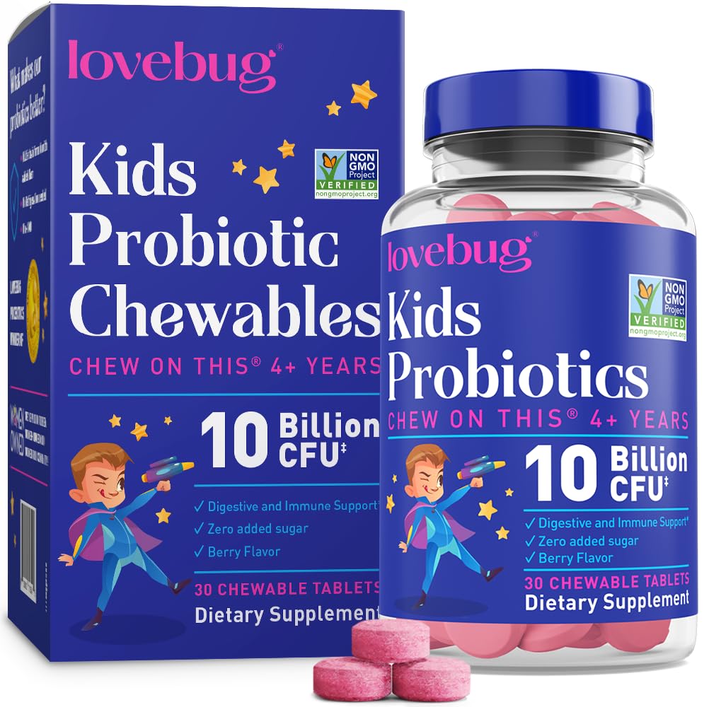 LOVEBUG Probiotici per bambini – Chewables probiotici con fibra prebiotica per l'età 4+, supplemento Gut Health & Digestive Support per bambini giornalieri, aroma di bacche senza zucchero, 30 conte