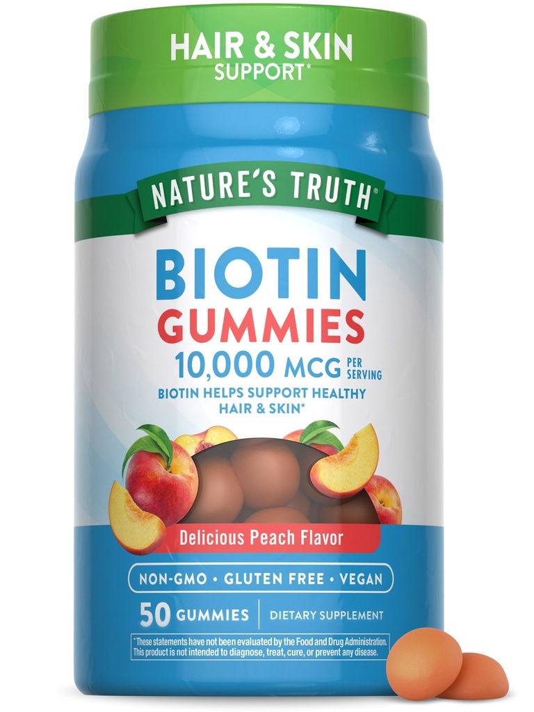 Nature's Truth Biotin Gummies | 10000mcg | 50 Count | Vegan, Non-GMO & Gluten Supplemento gratuito | Peach Flavor