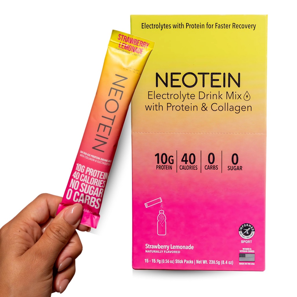 NEOTEIN: Imballaggio della polvere dell'elettrolita, polvere proteica con 10g Protein & Collagen | Idration Packets - Zucchero Zero, NO Filler, NO Carbs | Limonata della fragola | 40 Calorie | Keto & Paleo | Confezione di 15