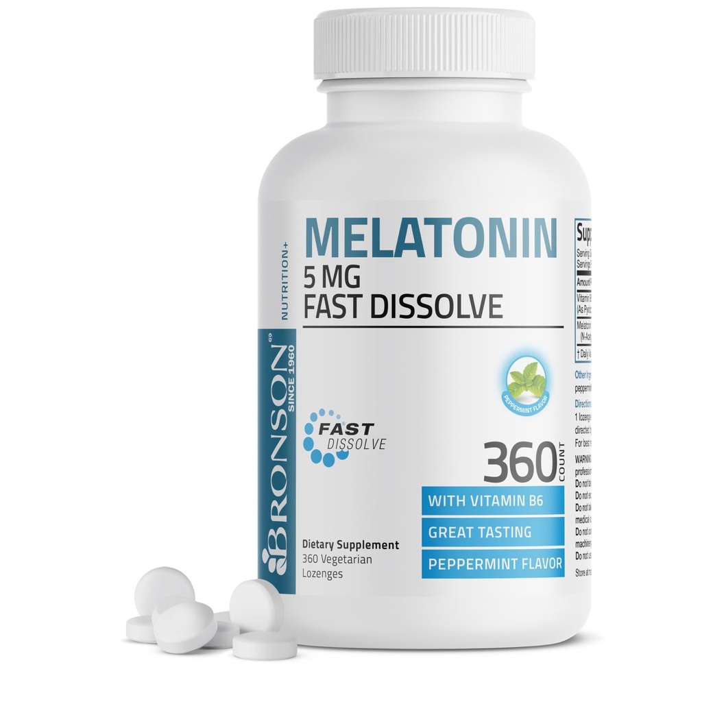 Bronson Melatonin 5mg veloce sciogliere menta piperita con vitamina B6 - promuove il rilassamento, 360 vegetariano chewable lozenges
