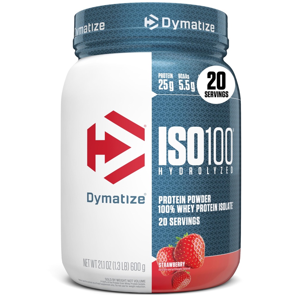 Dymatize ISO100 Whey Protein Powder Isolate, Fragola, 25g di proteine, 5.5g BCAA, Meno di 120 Cal., Senza glutine, 1g Grasso, 1g Zucchero, 2g Carb (20 Serve)