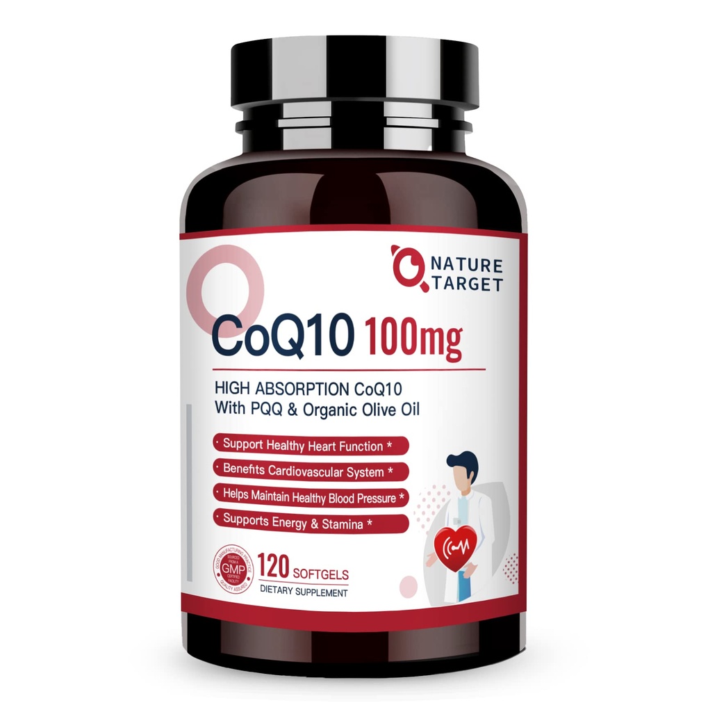 NATURA TARGET CoQ10-100mg-Softgels con 10mg PQQ - Coenzima ad alto assorbimento Q10 con Organic-Olive-Oil - Antiossidante per la salute del cuore e del cervello, Cellular-Energy-Produzione, 120 Serve