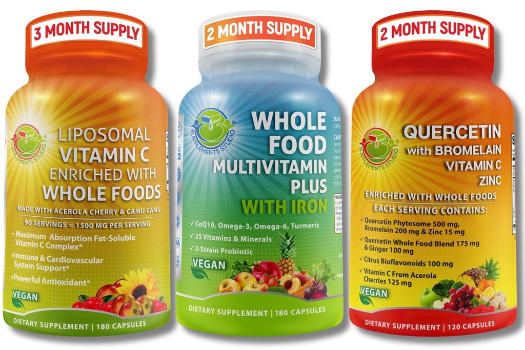 STUDIO Vegan Immune, Energy & Whole Body Support Bundle – Vegan Whole Food Multivitamin with Iron + Liposomal Vitamin C 1500mg + Quercetin with Bromelain, Zinc and Vitamin C – Non OGM