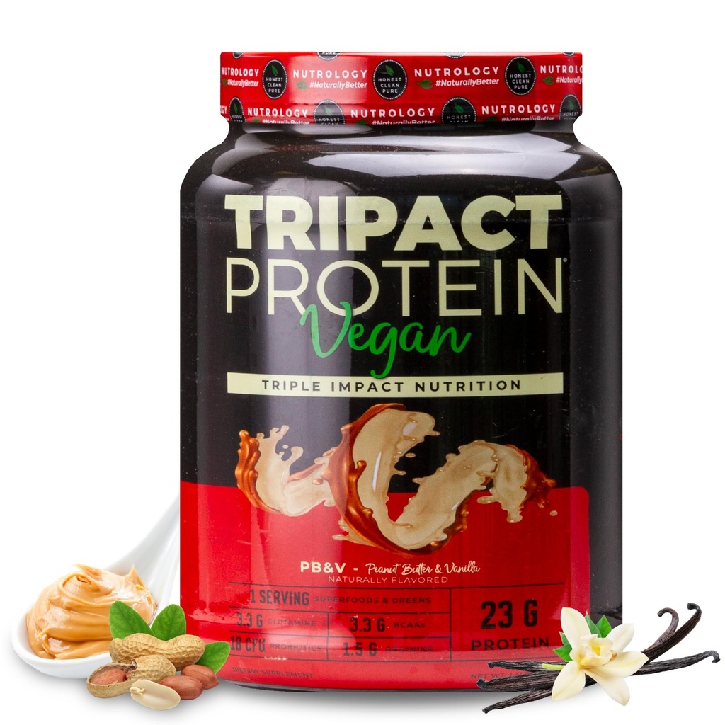 Nutrologia TRIPACT Vegan Protein Powder - Pea Organica, Rice & Pumpkin Protein, BCAAs & Glutamine Plant-Based Meal Sostituzione Shakes for Muscle Recovery & Immunity, Peanut Butter & Vanilla, 20 Servings