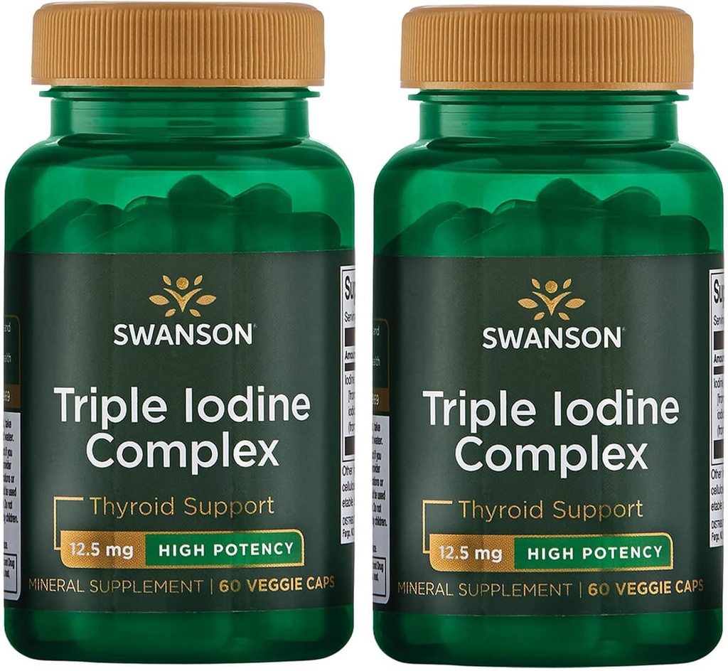 Swanson Triple Iodine Complex-Natural Supplemento per il supporto della tiroide vitale-Promotes Funzione metabolica, aumento della produzione di globuli rossi, & Heart Health-(60 capsule vegetali, 12.5mg ogni) 2 Pack