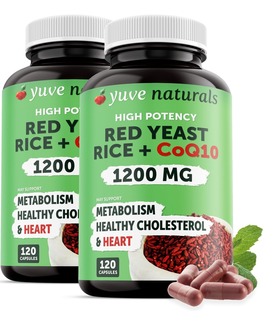 Riso di lievito rosso 1200 mg capsule con CoQ10 - Mantenere livelli di colesterolo sano, Herbal Heart Health Vegan Red Yeast Rice Supplement - Lievito di riso rosso con CoQ10 per le donne e gli uomini - 120 Ct (2-Pack)