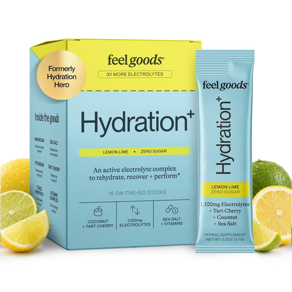 Feel Goods Hydration Hero, 1000mg Electrolytes Powder, Sugar Free, Magnesium, Organic Aloe Vera, L Theanine, Vitamina C & B12, Non OGM, Keto, Vegan, Electrolyte Packets | Lime Lemon, 15 Count