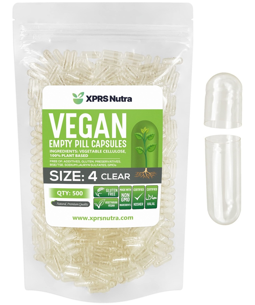 XPRS Nutra Size 4 Capsule Vuoti - 500 Contatore Piccole Empty Vegan Capsule - DIY Verdura Capsule Riempimento - Fillable Do-It-Yourself Veggie Pill Caps for Supplements
