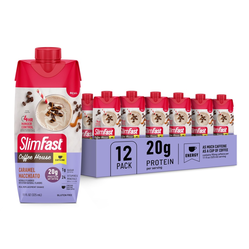 SlimFast Protein Shake with Caffeine, Caramel Macchiato- 20g Protein, Meal Sostituzione Shakes, High Protein with Low Carb and Low Sugar, 24 Vitamins and Minerals, 12 Count (Pack of 1)