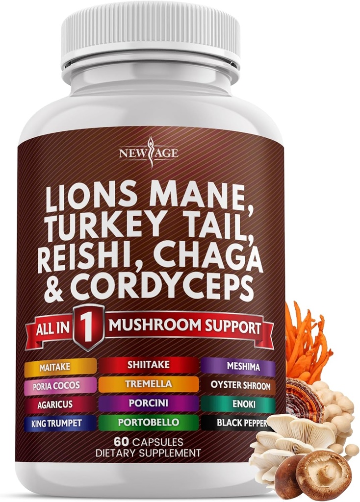 NUOVO AGE Lions Mane Mushroom Supplemento con Turchia Tail Reishi Cordyceps Chaga con Marshmallow Root