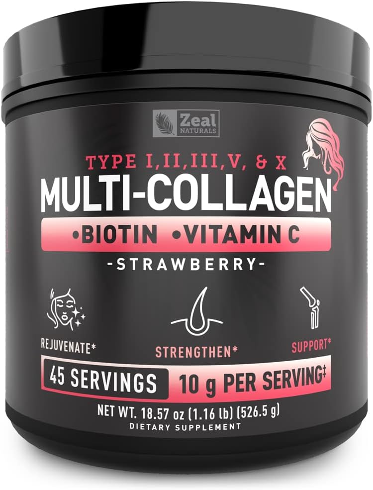 Polvere proteica multi collagene Premium (1, 2, 3, 5 & 10) con vitamina C, Biotina, Acido ialuronico, per la pelle e le unghie dei capelli - Marine, Bovine, Pollo e Uova (Strawberry, 45 Servings)