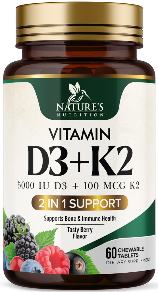 Vitamina D3 K2 Supplemento | 5000 IU D3 + K2 100 mcg | MK-7 K2 con vitamina D | Supporti Immune, Cuore, Teeth & Bone Salute - La natura è facile da masticare, VIT D3 K2, Non-OGM, Tasty Berry Flavor - 60 compresse