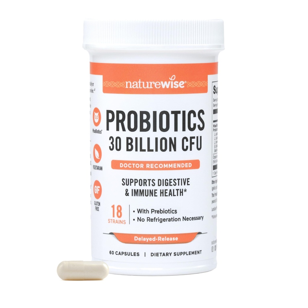 NatureWise Max Probiotici per Donne & Uomini - 30 miliardi di CFU 18 Strains con Prebiotici - Per Gut & Salute Digestiva - Capsule Rilassati, Senza Glutine - 60 Capsule[2-Month Fornitura]