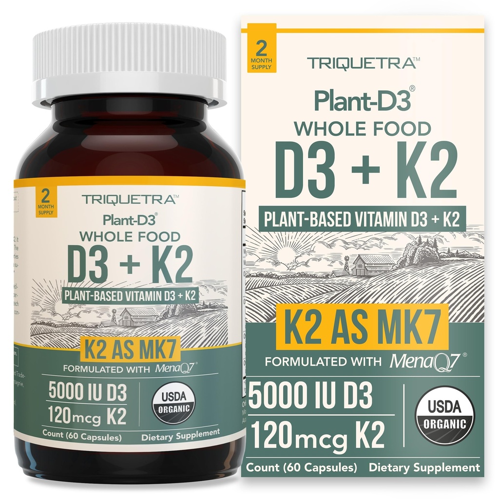 Organic Plant D3 + K2 | 5000 iu D3 + 120 mcg K2 come All-Trans MK7 da MenaQ7® - 100% Whole Food, Raw & Vegan | Digestione potenziata con Prebiotic & Superfood Complex – D3 da Organic Algae (60 Count)