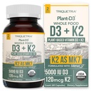 Organic Plant D3 + K2 | 5000 iu D3 + 120 mcg K2 come All-Trans MK7 da MenaQ7® - 100% Whole Food, Raw & Vegan | Digestione potenziata con Prebiotic & Superfood Complex – D3 da Organic Algae (60 Count)