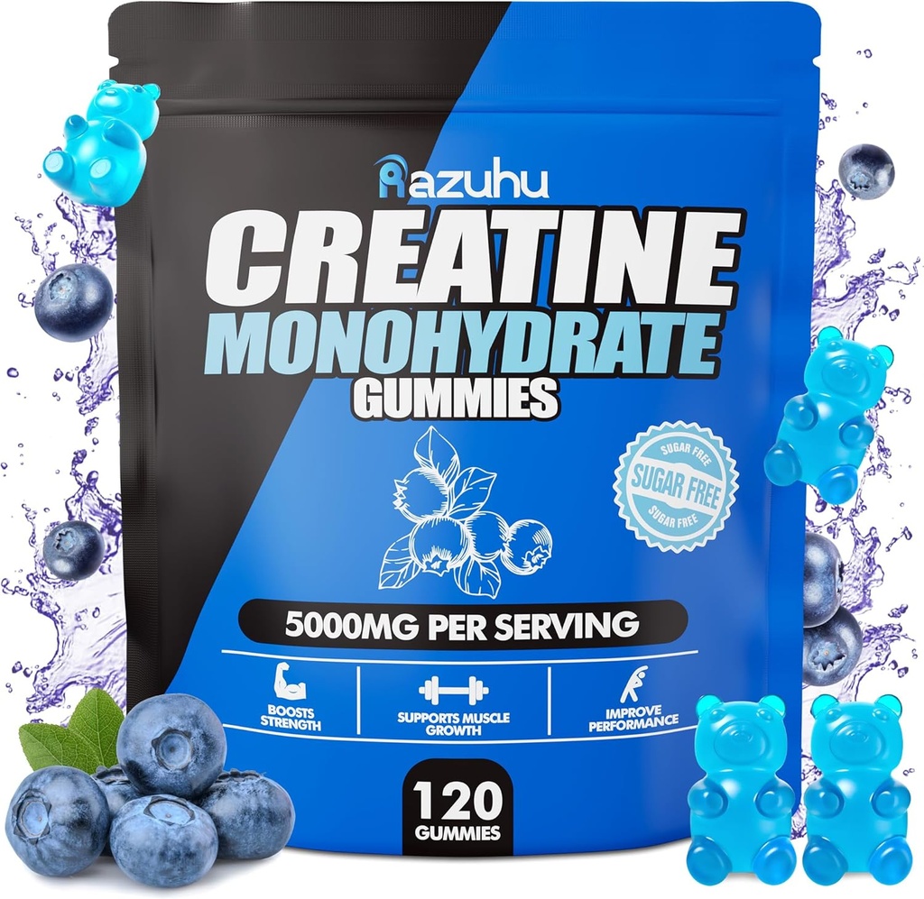 Pre Workout hcl creatina monoidrato Gummies, 120 mastica blu per gli uomini (bluberry), creatina hcl Integratore di energia per le donne, siero Protein Isolate Vital Source Feminine Gummies