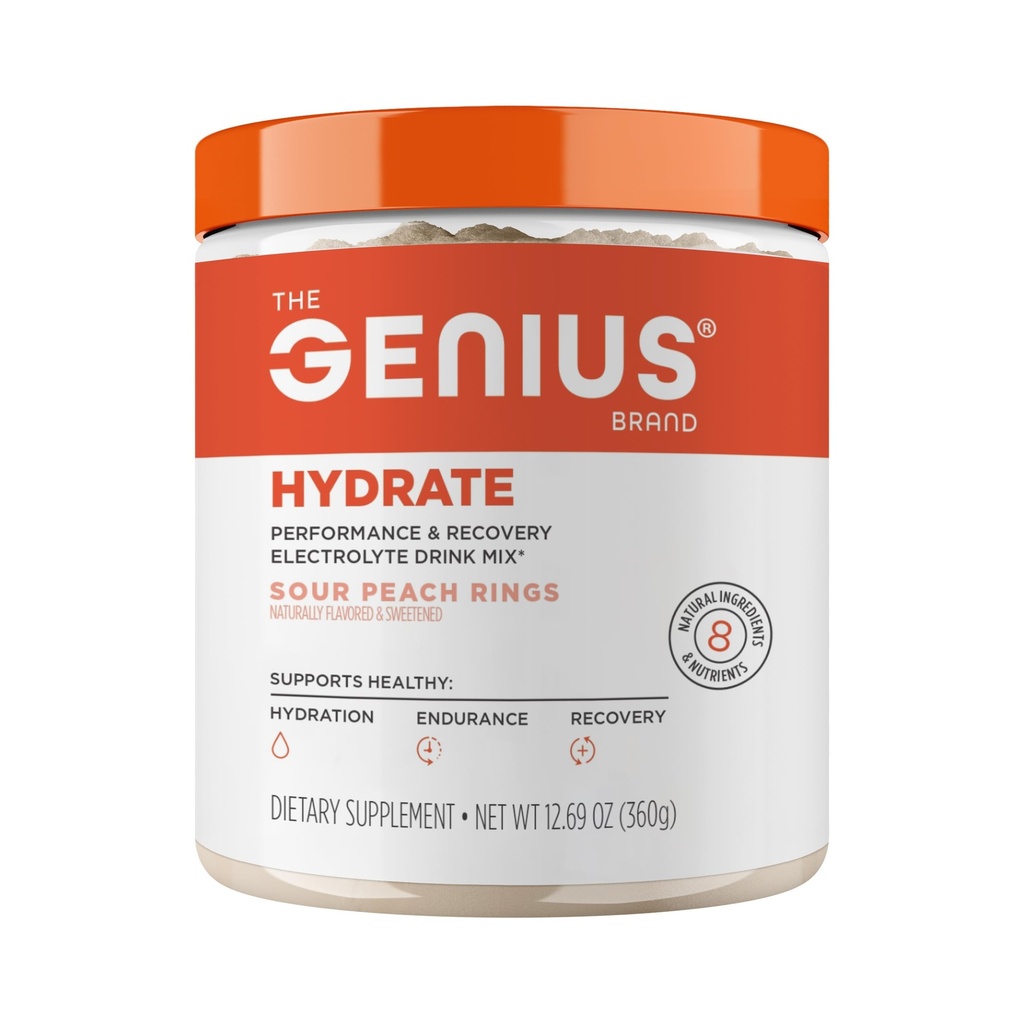 Il Genius Brand Genius Hydrate - Supplemento elettrolita per l'idratazione quotidiana - Acqua di cocco - Senza zucchero - 8 Minerali essenziali & Nutrienti - Non OGM - Anelli di pesca acida - 50 Serve