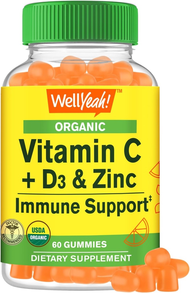 WellYes Organic Vitamin C + D3 + Zinc Gummies - Immune Boosting, Antiossidante-Rich, e Bone Health Supporting, USDA Organic, Vegan e Non-GMO - Gluten-Free, Nut-Free Gummy - 60 Count