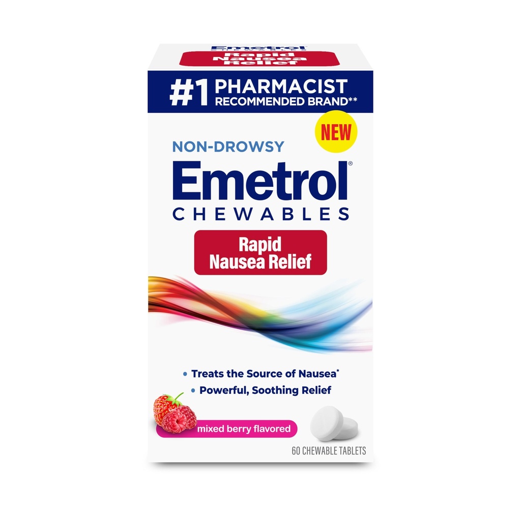 Emetrol Non-Drowsy Nausea Relief - Chewable Medicine for Upset Stomach - Pharmacist Raccomandato Nausea Relief - Mixed Berry Flavor, 60 compresse