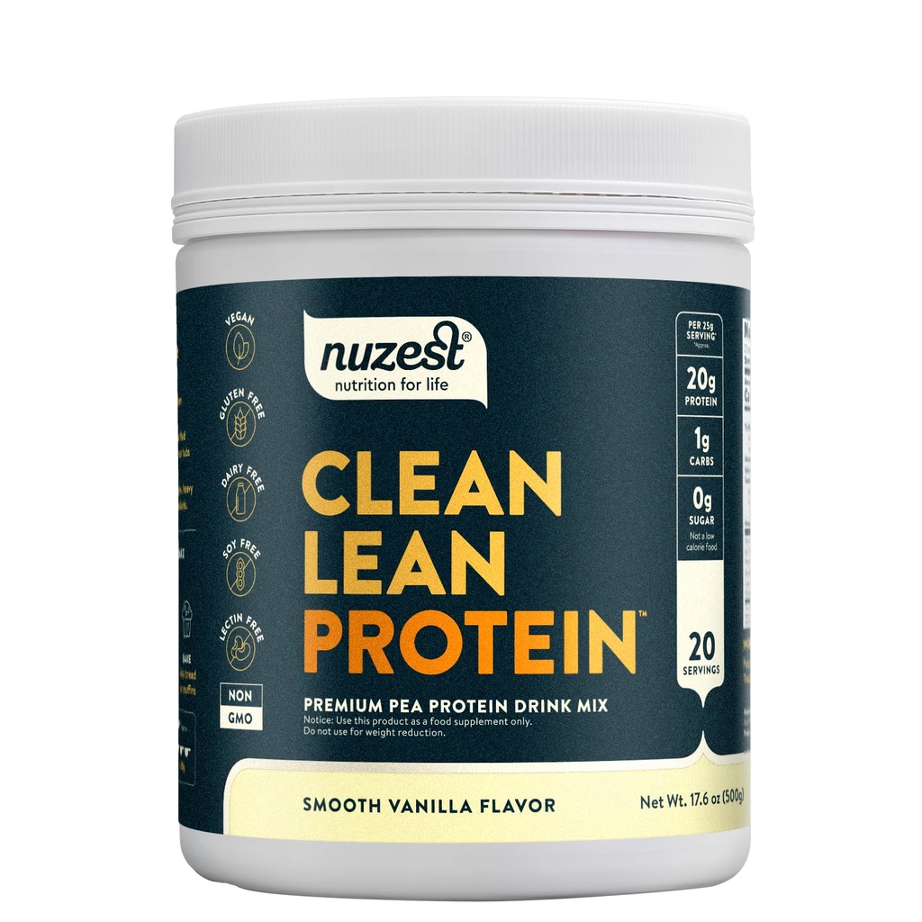 Nuzest - Pea Protein Powder - Clean Lean Protein, Premium Vegan Plant Based, Dairy Free, Gluten Free, OGM Free, Naturally Sweetened Protein Shake, Smooth Vanilla, 20 Servings, 1.1 lb