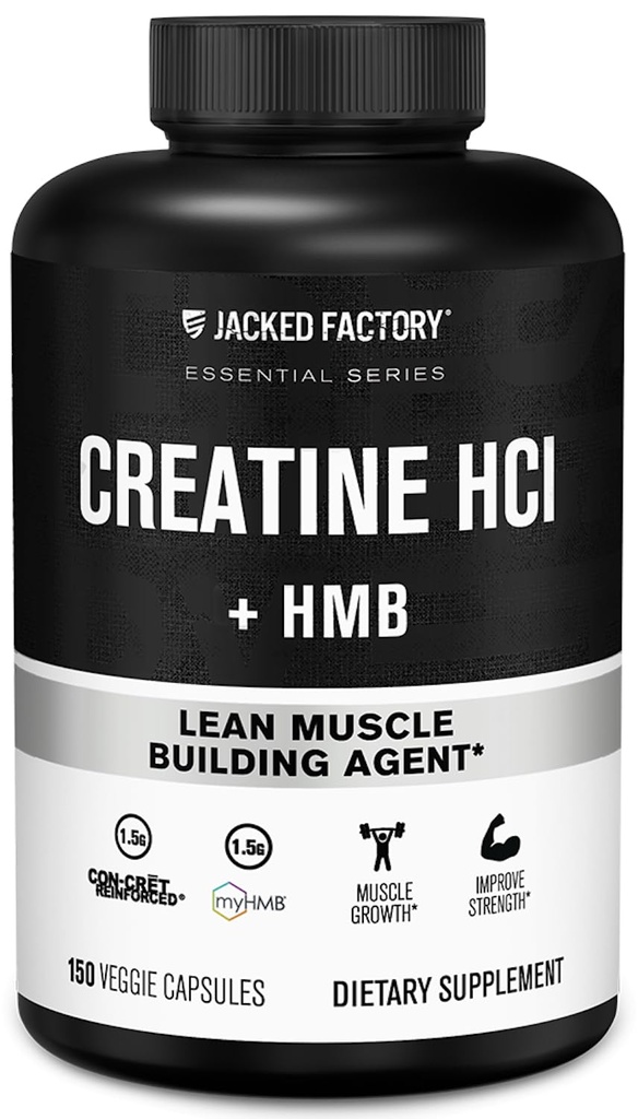 Jacked Factory Creatine HCL + HMB Capsule - Synergistic CON-CRET, myHMB, & Vitamina D Formula per una migliore crescita, resistenza, & Riduzione del muscolo - 150 capsule