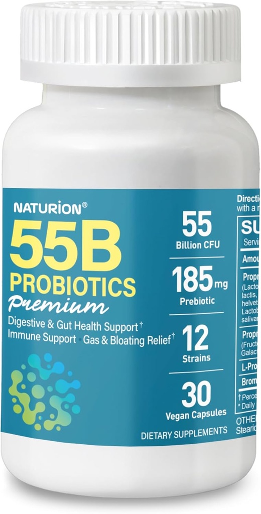 55B Probiotics Premium - 55 miliardi di CFU, 12 Strains, 185 mg Prebiotici - Supporto immunitario, Digestivo & Salute Gut - Supporta costipazione occasionale, Gas & Bloating - 30 capsule vegane, 30 giorni di alimentazione