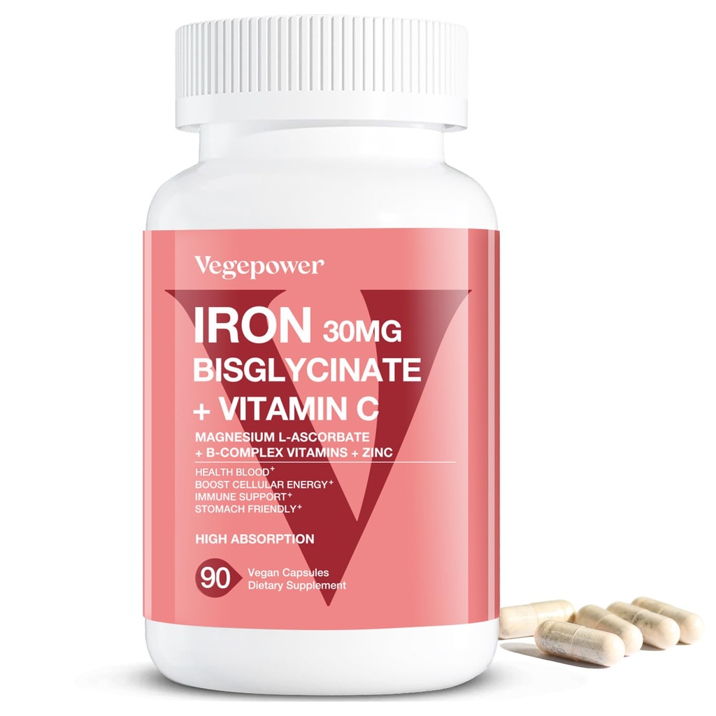Supplementi di ferro per gli uomini delle donne, Bisglycinate di ferro Vegan 30mg Plus Vitamina C, B12, Acido Folico - Pillole di ferro per l'anemia, Sangue & Energy Support - Gentle, Alta Assorbimento, Non OGM - 90 capsule
