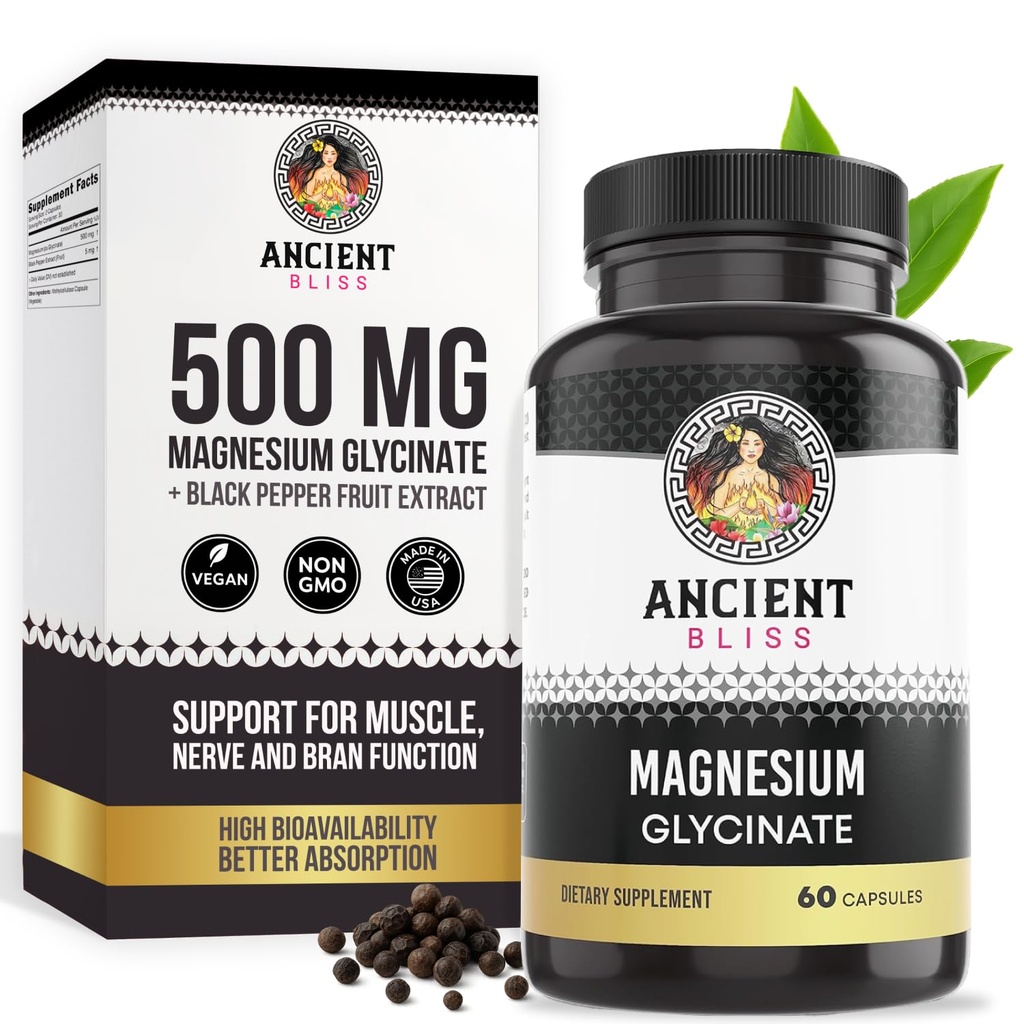 Antica beatitudine magnesio glicinato per muscoli e nervi, supplemento di supporto digestivo e immunitario, supplemento di magnesio per le donne e gli uomini (60 capsule)