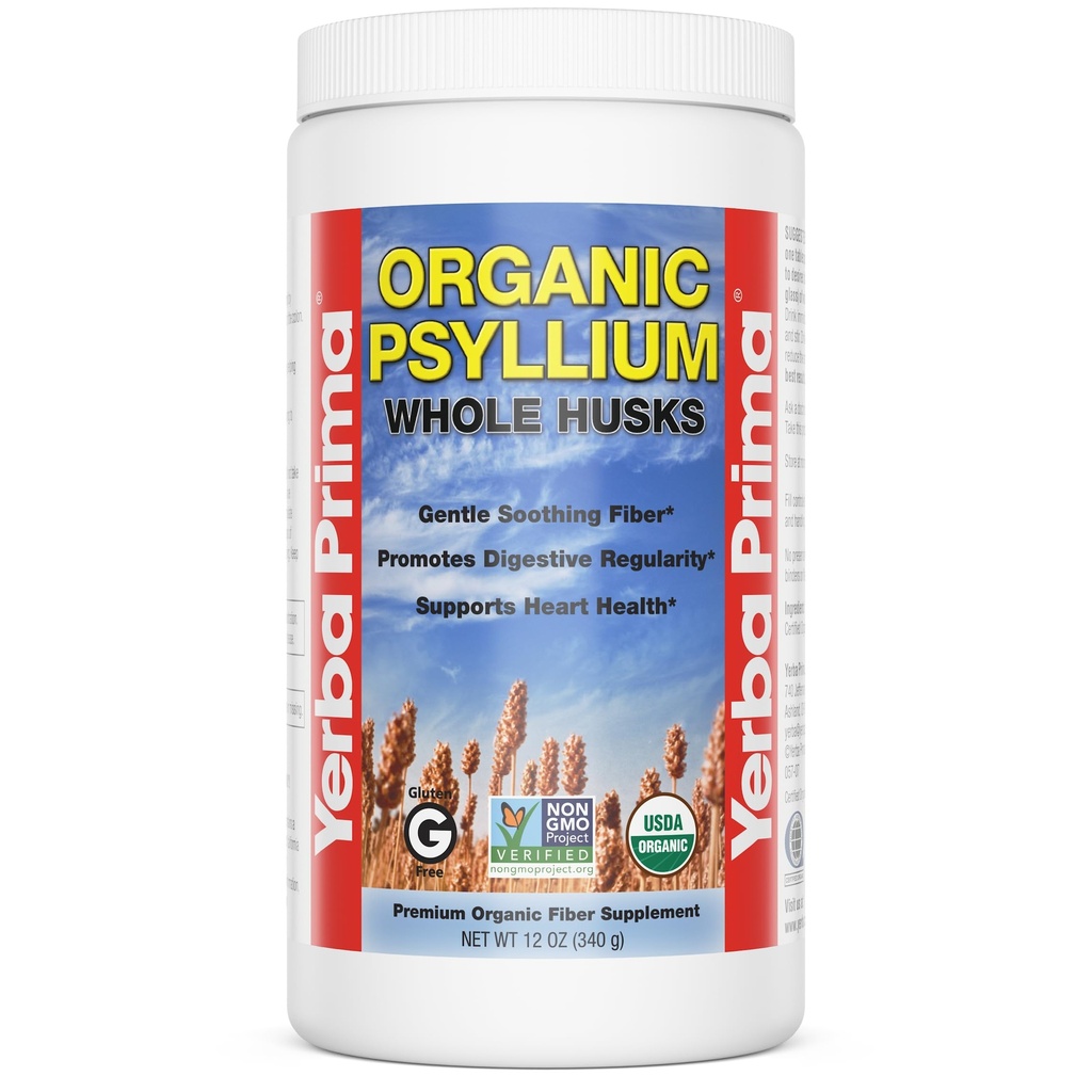 Yerba Prima Organic Psyllium Whole Husks 12 oz - Natural Dietary Fiber Supplement, Non OGM, Gluten Free, Keto e Vegan Friendly for Regularity Support, Unflavored