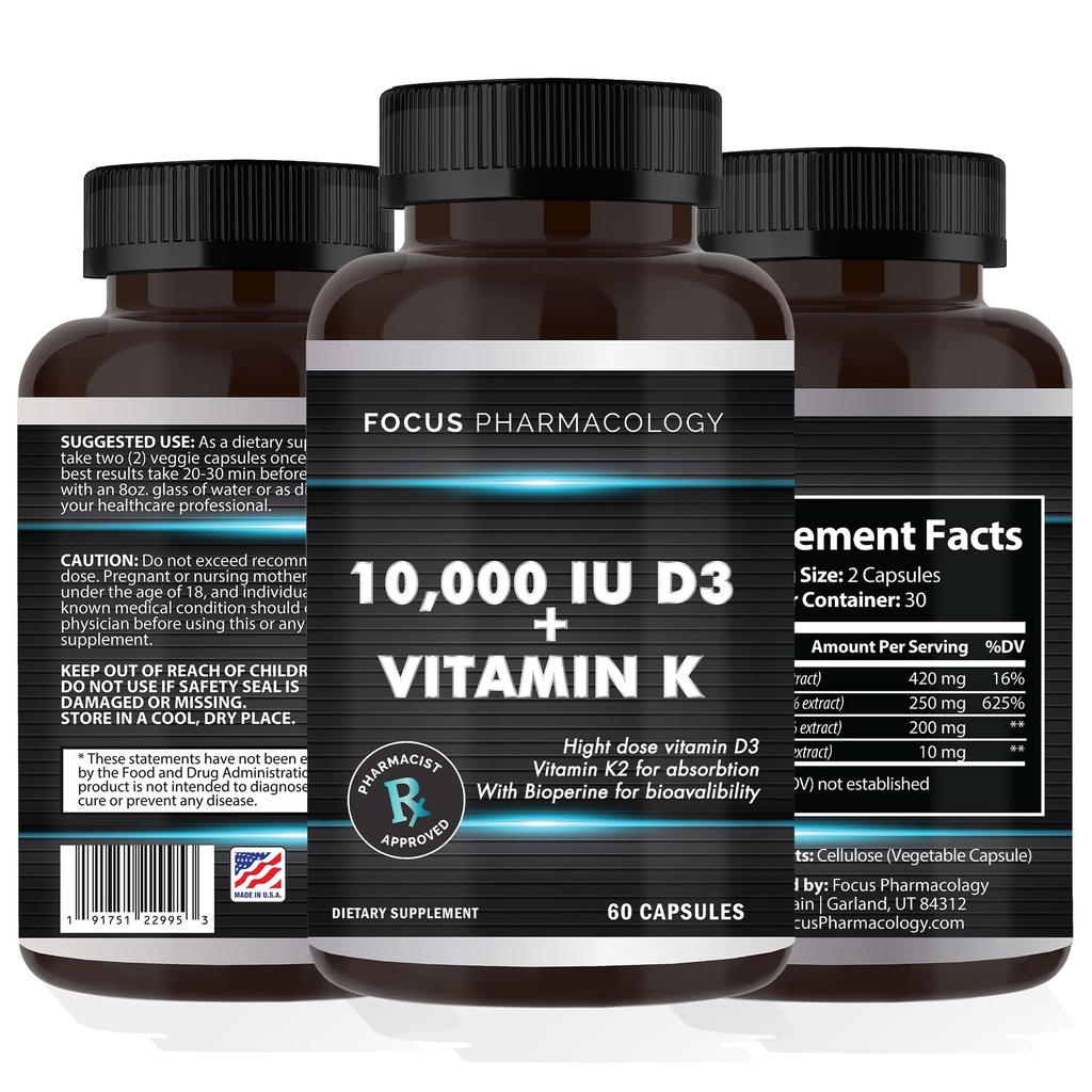Vitamina K2 con D3 Extra Forza Supplemento Bone | Salute Del Cuore Formula 10.000 IU Vitamina D3 & 200 mcg Vitamina K2 (MK7) | Facile da ingoiare Vitamina K & D, 60 capsule