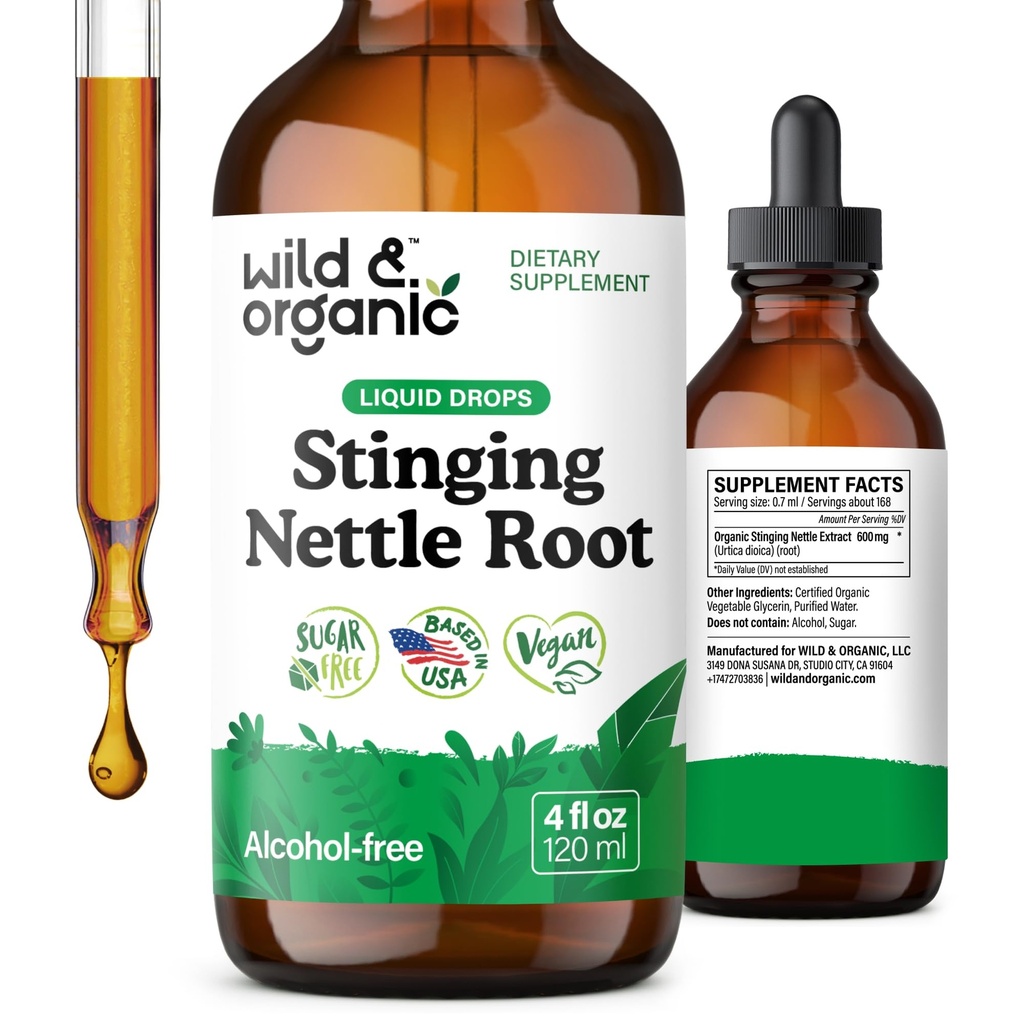 Wild & Organic Sting Nettle Tincture - Sting Nettle Root Extract Drops for Men & Women - Liquid Urtica Dioica Supplement - Vegan, Sugar & Alcohol-Free - 4 fl oz