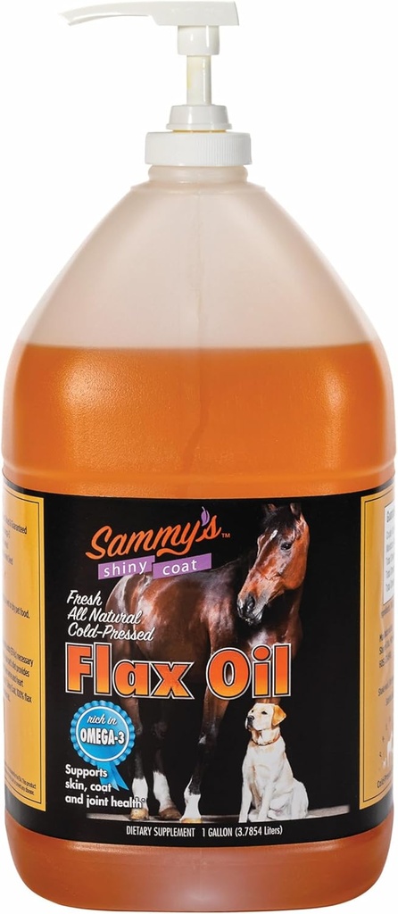 Sammy's Shiny Coat Flax olio per cavalli, olio di lino puro per cavallo, ricco di acidi grassi Omega-3, Flax olio cavallo supplemento per pelle e cappotto, Immune, Cardio e supporto misto, 1 gallina con pompa gratuita