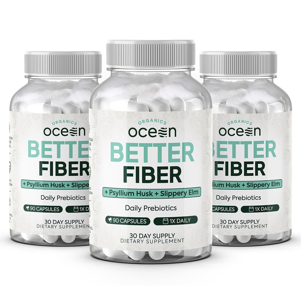 Organics Ocean Better Fiber - Supplemento giornaliero in fibra - Sgabello per movimenti senza sforzo Bowel - con Psyllium Hulk e Slippery Elm - 3 bottiglie