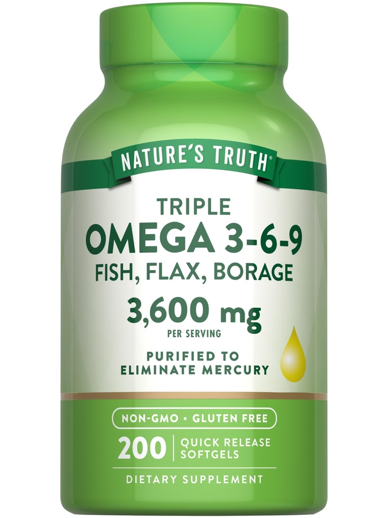La verità della natura Triple Omega 3 6 9 | 3600mg | 200 Softgels | Fish, Flax e Borage Oils | Non-OGM & Gluten