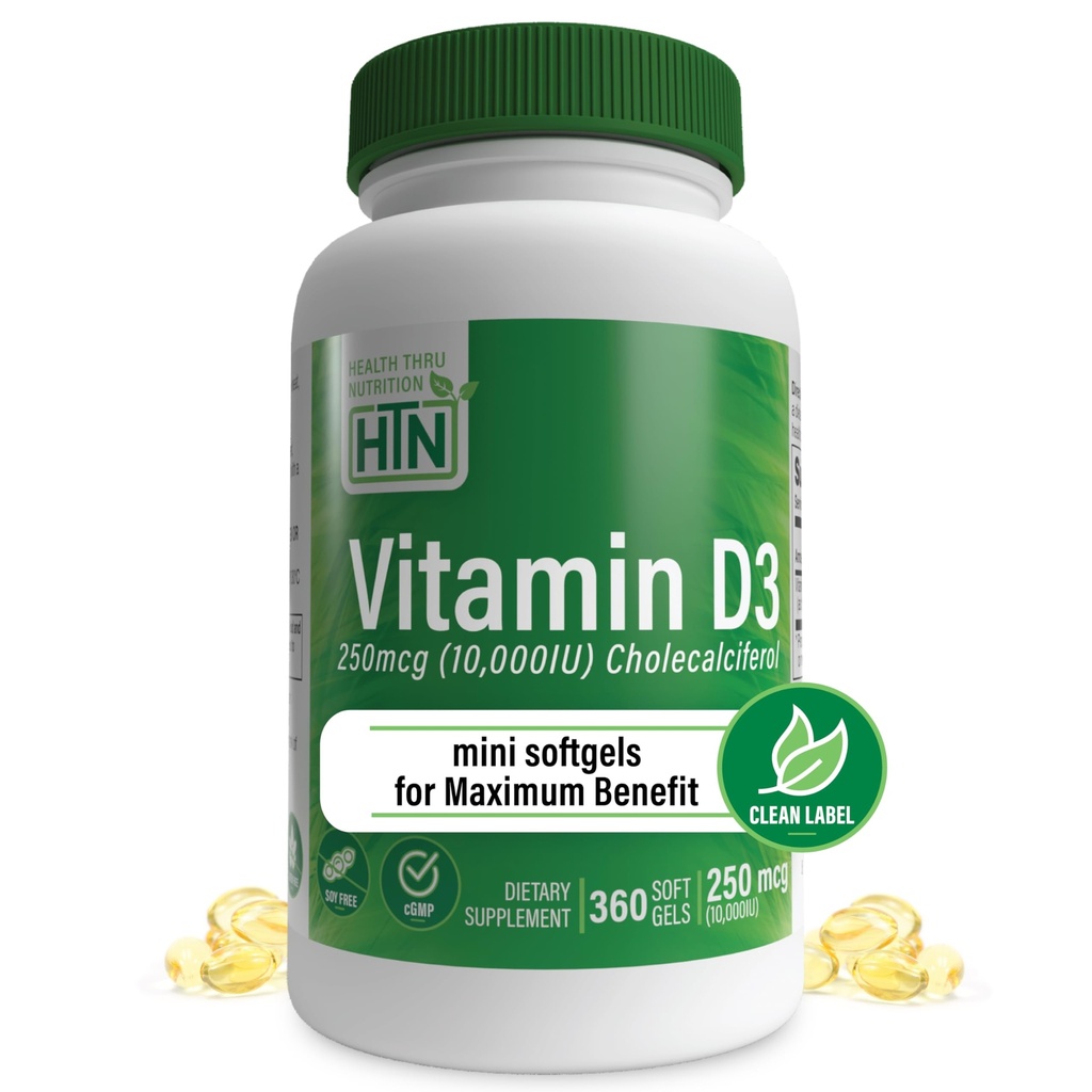 Vitamina D3 10.000iu 360 Mini Softgels per l'anno massimo beneficio Alimentazione | 250mcg Cholecalciferol | 3rd Party Testato | Non OGM USP Grado in EVOO organico | Supporto per la salute immunitaria