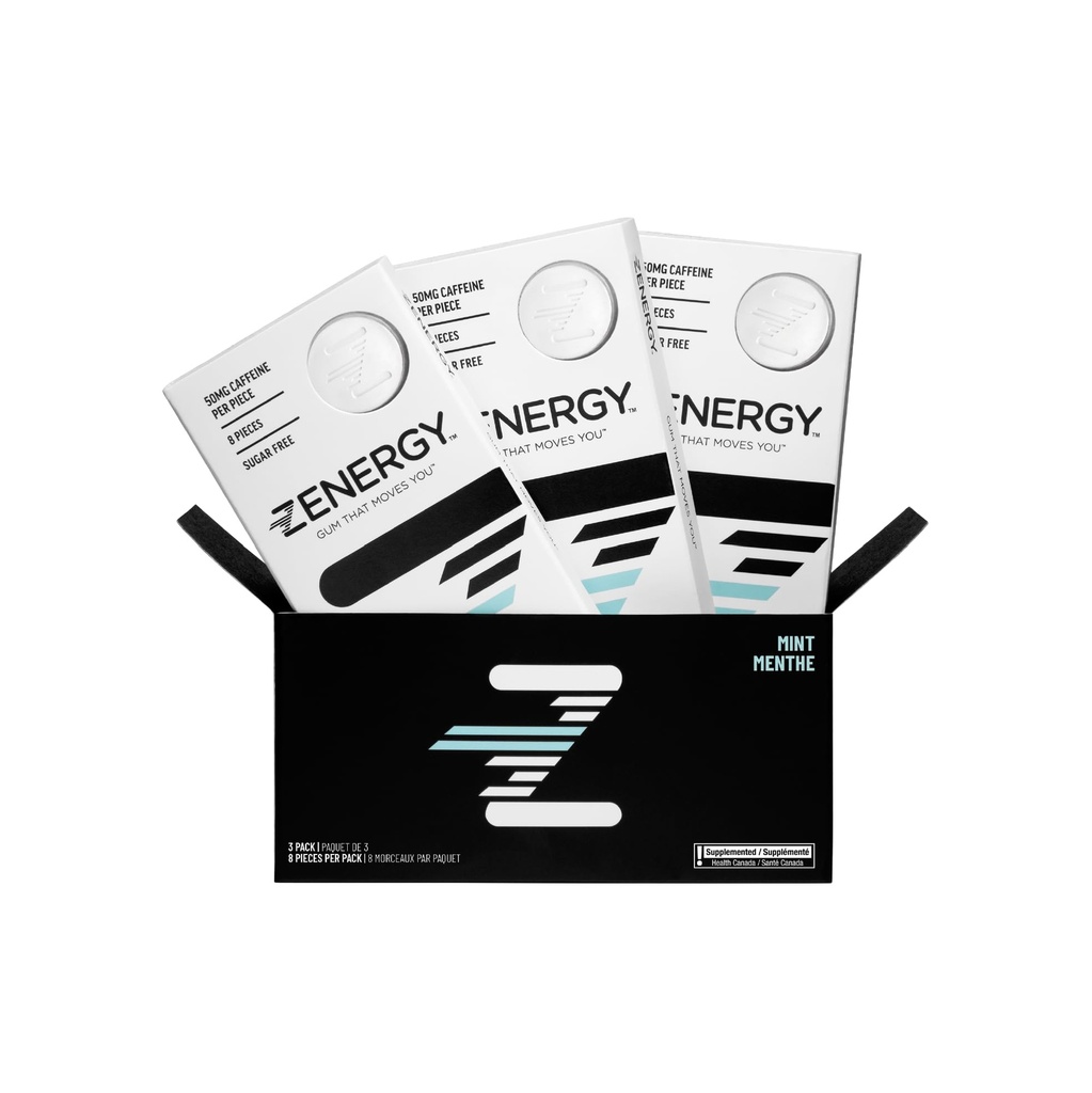 ZENERGY Energy Gum - Mint Flavor | 50mg Caffeina + 35% B6 e 45% B12 Vitamin | Vegan, 0 Zucchero, 0 Calorie, 0 Gluten, 0 Aspartame, Non-GMO, Azione istantanea | 3 Pack = 24 Conte