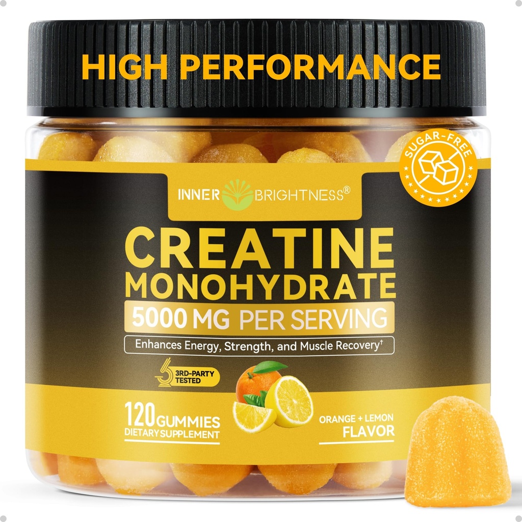 Inner Brightness Creatine Monohydrate Gummies for Men & Women 5000 mg, 3rd Party Tested, Creatine Chews for Muscle Growth, Strength & Energy Support, Sugar Free, Vegan, 120 Count