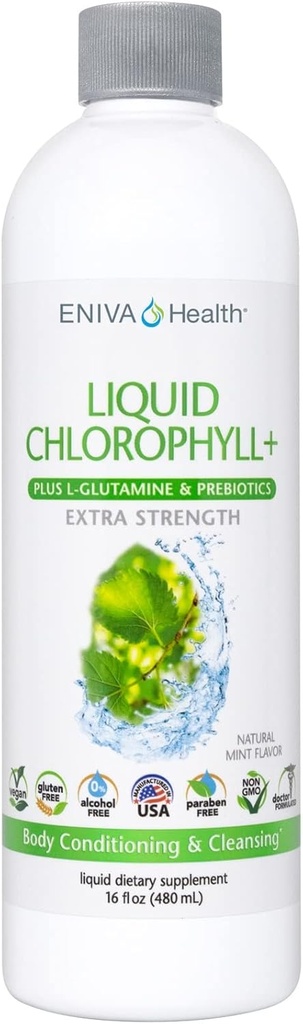 Eniva Health Liquid Chlorophyll Super Greens | 24K MG con Prebiotic & L-Glutamine | Mint Flavor | Skin, Immunity, Energy, Detox, Gut Health | Vegan, Gluten & Alcohol-Free | 48 Servings | USA Made