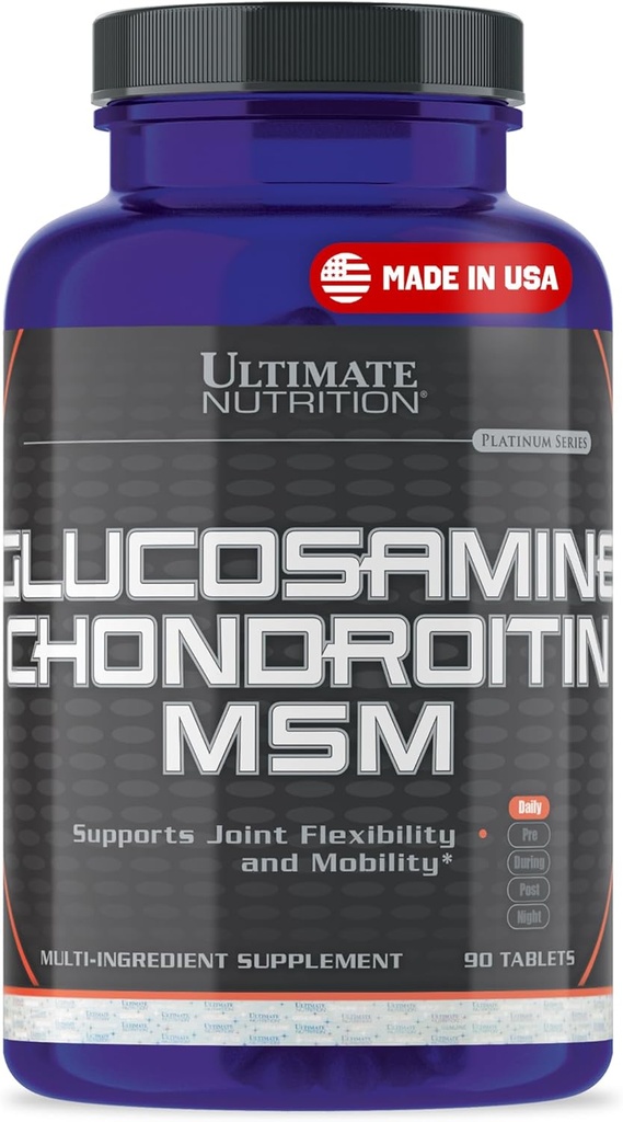 Ultimate Nutrition Glucosamine, Chondroitin & MSM Integratore per Flessibilità e Mobilità Congiunti - Supporta Salute Congiunta, Cartilage, Tissue Connettivo & Bone Forza - Rilievo per Uomini & Donne - 90 Tablet