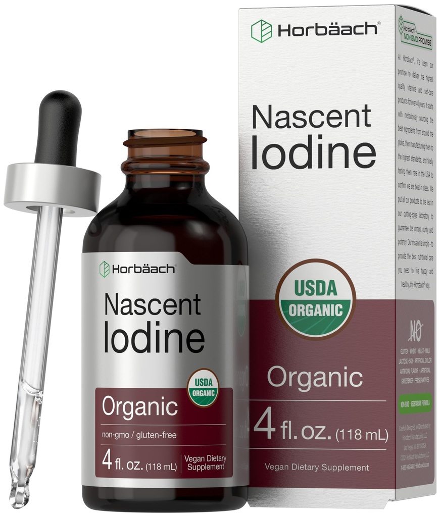Horbaach Nascent Iodine Drops | 4 Fl Oz | Organic Liquid Tincture Supplement | As Potassium Iodide | Vegan, Non OGM e Gluten Free