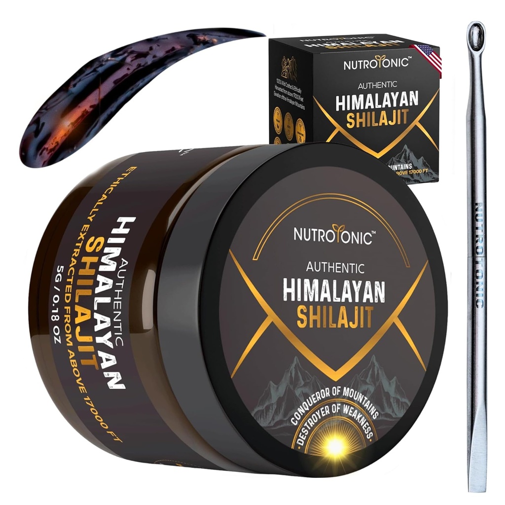 NutroTonic® Autentico Himalayan Shilajit Resina per gli uomini e le donne - Grado d'oro 86% Acido Fulvico - Wild Crafted +17000 FT – 40x Nano filtrato & Sun Dried - 3rd Party Lab Tested - 5g Jar