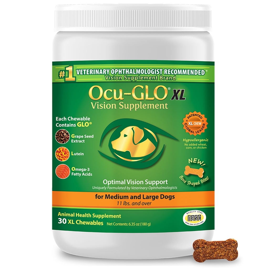 Ocu-GLO Cat & Dog per il supporto agli occhi - Integratore di visione masticabile per la cura di animali grandi e piccoli con Lutein, acidi grassi Omega-3, estratto di semi di uva e antiossidanti 30 XL Chewables