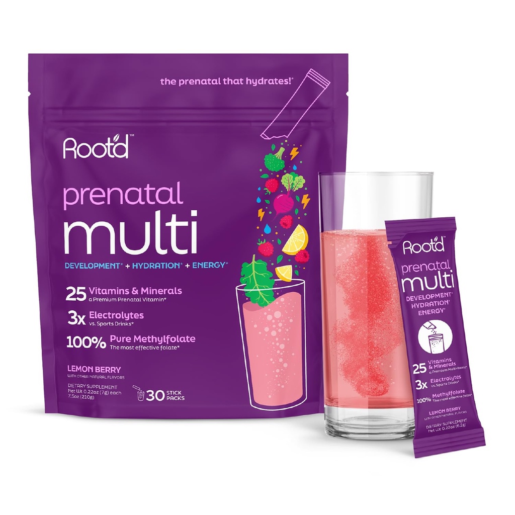 Polvere di Multivitamina Prenatale - 25 vitamine e minerali con 3x elettroliti, Folate, Ferro, D3 per la mamma e il bambino, 7 Superfood & Probiotics, Vitamine e Idratazione senza zucchero | 30 Bevande di vitamina